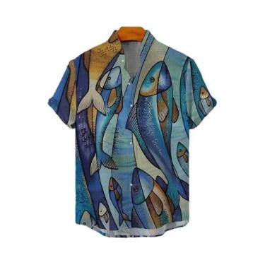 Imagem de Camisa Masculina Estilo Retrô Em Linho Respirável Com Estampa De Peixe