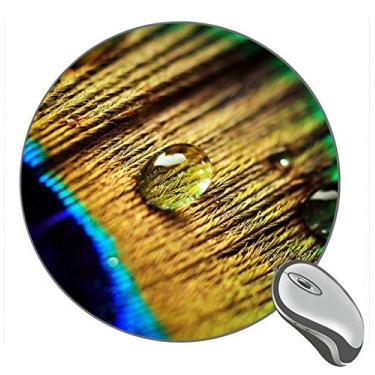 Imagem de Mouse pad redondo de borracha para jogos com pena de pavão, gotas de água, macro, fotografia