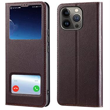 Imagem de GSYH Capa para iPhone 13 Mini/13/13 Pro/13 Pro Max, Capa flip protetora magnética com função de visualização de 2 janelas Proteção de câmera à prova de choque, TPU, marrom, 13 15,5 cm