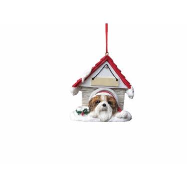 Imagem de Ornamento Shih Tzu bronze e branco um ótimo presente para proprietários de Shih Tzu pintado à mão e facilmente personalizado "ornamento de casa de cachorro" com parte traseira magnética