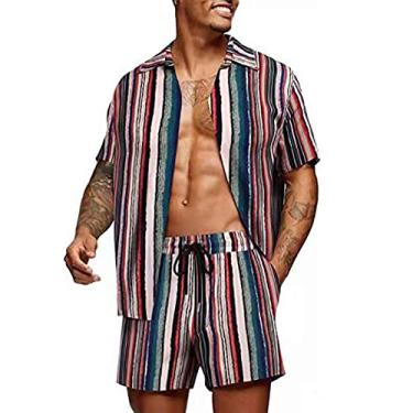 Imagem de Conjuntos de camisas havaianas com estampa floral verão masculino manga curta e cordão calça curta conjunto de 2 peças terno respirável, H, 3GG (busto: 133 cm)