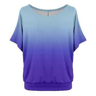 Imagem de Blusas femininas de verão grandes de manga curta com estampas para sair, blusas modernas de algodão, camisas soltas, túnica moderna, Azul, XXG