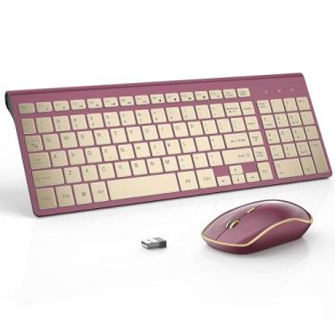Imagem de JOYACCESS Teclado e mouse sem fio, combo de teclado sem fio fino e ergonômico de 2,4 g - tamanho completo e design portátil para laptop/Windows/computador - vermelho vinho dourado