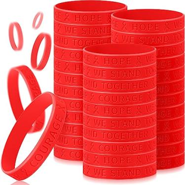 Imagem de Kigeli 100 peças pulseiras de silicone de conscientização de fita vermelha para homens e mulheres, pulseiras de silicone para semana de fita vermelha pulseiras de borracha a granel para câncer doenças de saúde tuberculose evento suprimentos de caridade pública, Borracha Silicone, silicone