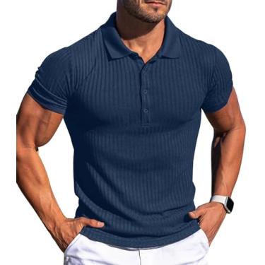 Imagem de Askdeer Camisas polo masculinas manga longa/curta slim fit camisas polo clássicas stretch camisetas de golfe, A04 Azul, P