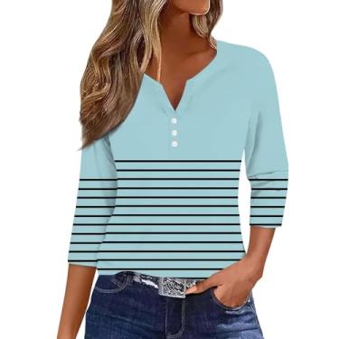 Imagem de Camisetas femininas de verão listradas Henley blusas de manga 3/4 de comprimento solto túnica color block, Y1-Azul-celeste, M