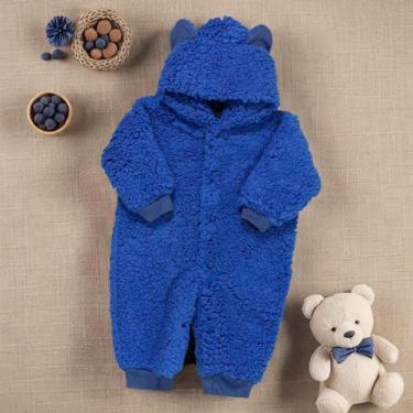 Imagem de Macacão Para Bebê De Pelúcia Teddy Com Capuz Azul Royal - Era Uma Vez