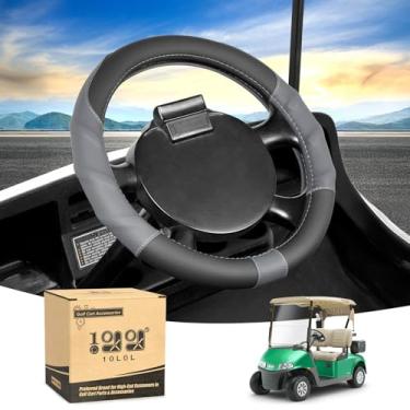 Imagem de 10L0L Capa de volante de carrinho de golfe de 33 cm para EZGO TXT RXV, couro PU antiderrapante e sensação de aderência confortável - preto cinza
