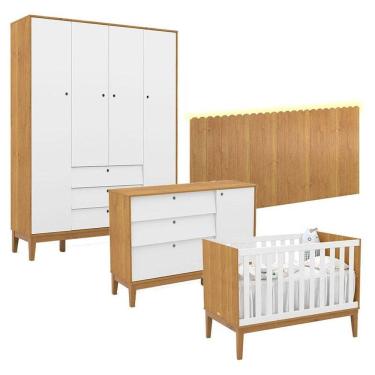 Imagem de Quarto de Bebê Unique 4 Portas com Cômoda Sapateira e Painel Farm com Led Freijó Branco Soft Eco Wood - Matic