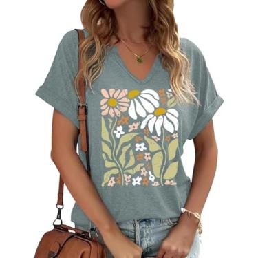 Imagem de Camisetas femininas florais vintage boho flores silvestres estampa de flores silvestres camisetas verão natureza camisetas tops, A-p24b-azul aqua 1, P