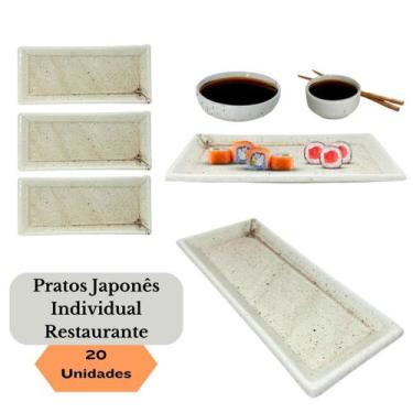 Imagem de Jogo 20 Pratos Sushi Kakusara Retangular Porcelana Creme - Prattos