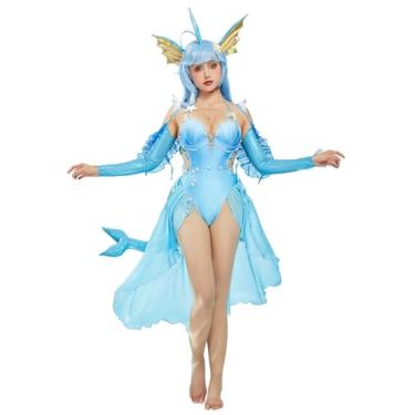 Imagem de haikyuu Traje de banho feminino de princesa cosplay com anime sarongue, maiô inteiro com cadarço, estilo frente única, Azul claro, M