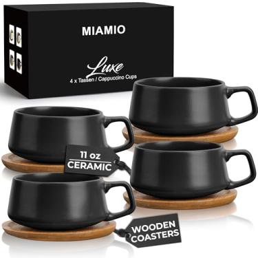 Imagem de MIAMIO – 325 ml, conjunto de 4 xícaras de chá de cerâmica e pires de bambu/caneca de chá - xícara larga de cappuccino, xícaras de café caneca de cerâmica para cappuccino, latte, café expresso e