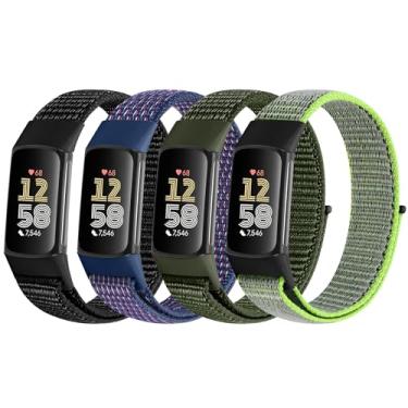 Imagem de VNDAPT Pacote com 4 pulseiras de relógio de nylon compatíveis com Fitbit Charge 6/Fitbit Charge 5, pulseira esportiva de substituição respirável ajustável para Fitbit Charge 5 Charge 6 para mulheres e