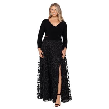 Imagem de Xscape Vestido feminino plus size de manga comprida com decote em V e saia floral, Preto, 58