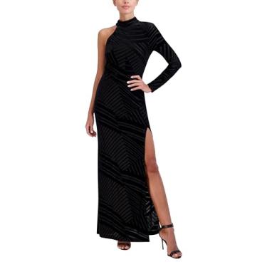 Imagem de BCBGMAXAZRIA Vestido de noite longo feminino com gola redonda e manga assimétrica, Preto, 42