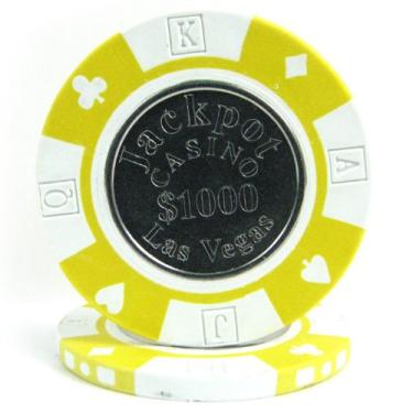 Imagem de Trademark Poker Fichas de pôquer de 1000 dólares incrustadas com moedas Jackpot (conjunto de 50), 12,2 g