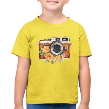 Imagem de Camiseta Algodão Infantil Máquina Fotográfica Vintage e Flores - Foca 