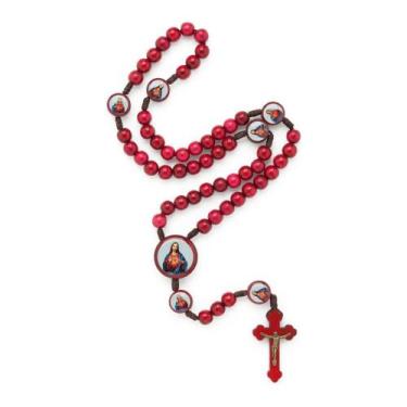 Imagem de Terço Vermelho Sagrado Coração de Jesus e Imaculado Coração de Maria -