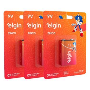 Imagem de Kit 3 Bateria Pilhas 9v Zinco Elgin 3 Cartelas com 1 Pilha Brinquedo R