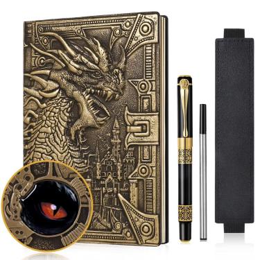 Imagem de Notebook DND Dragon 3D em couro em relevo A5 com caneta vintage