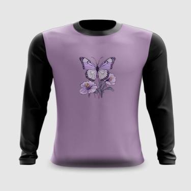 Imagem de Camiseta Manga Longa Borboleta Lilás com Flores - Fabriqueta, XG
