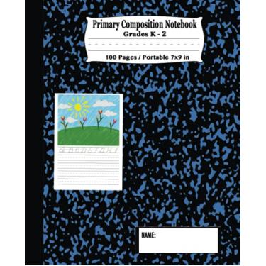 Imagem de Primary Composition Notebook: Draw & Write with Picture Space on Top - Portable Size 7 x 9 inches - Marble Blue and Black - Grades K-2 Handwriting Practice - Storybook Journal - Wide Ruled