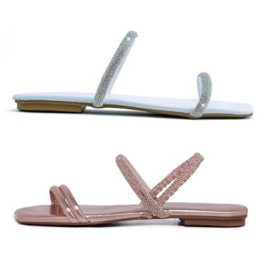 Imagem de Novo Hábito, Kit 2 Rasteirinhas Tira Dupla Femininas & Sandália Holográfica Cor:Branco e Bronze;Tamanho:42
