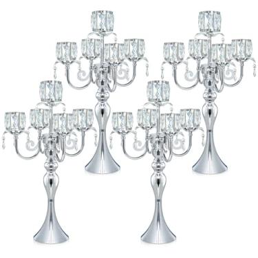 Imagem de Kehail Castiçais de candelabro, centro de mesa elegante com pingente de cristal decorações de mesa de 5 braços para sala de jantar, 55 polegadas de altura (4, prata)