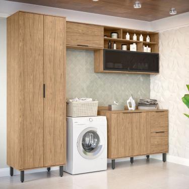 Imagem de Lavanderia Modulada com 2 Armários Aereos, 1 Balcão e 1 Armário Multiuso Toscana 100%mdf Freijó