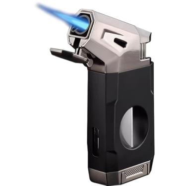 Imagem de Isqueiro de tocha de butano, isqueiro de chama a jato à prova de vento com corte em V, acendedor de turbina recarregável ajustável com janela de combustível, para vela, fogos de artifício, cozinha, ao