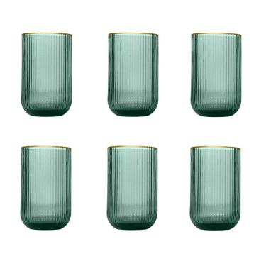 Imagem de Jogo de 6 Copos em Cristal Verde com borda dourada 425ml