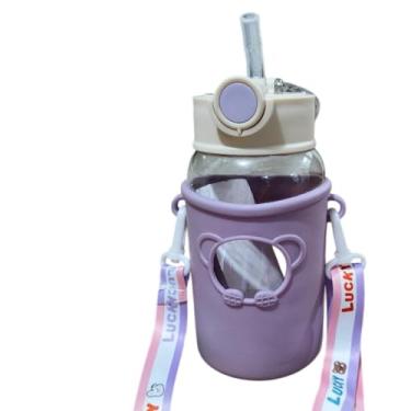 Imagem de Garrafa De Água Infantil Menina Com Canudo Alça Adesivo Passeio Volta As Aulas Escola Escolar Garrafinha Rosa Roxa (Roxo)