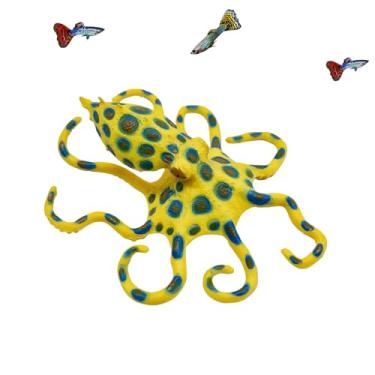 Imagem de khanoqq Decoração fofa de polvo, aquário de peixes, enfeites de polvo com anéis azuis, estatueta de mesa, cenário de paisagem vívida de aquário para pequenos peixes, caranguejo e camarão, decoração de