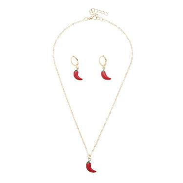 Imagem de Izpack Brincos de argola pendentes de pimenta vermelha e colar com pingente para mulheres chili banhado a ouro colares ajustáveis pequenos brincos de argola de pelúcia conjunto de joias de esmalte