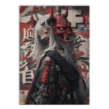 Imagem de Placa Decorativa Anime Garota Mascara Oni Ilustração Japonesa Quarto Sala Decoração Poster