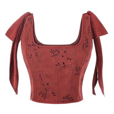 Imagem de Nuoqi Renaissance Corset Women Pirate Corset Top Floral Overbust Boned Bustier Bodice, Red, S