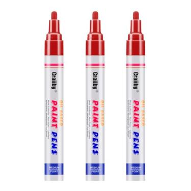 Imagem de Marcadores de tinta vermelha, pacote com 3 canetas permanentes à base de óleo, à prova d'água, secagem rápida, para pintura de pedras, madeira, tecido, plástico, tela, vidro, canecas, metal, pneu