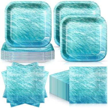Imagem de Zhehao Conjunto de 72 peças de artigos de festa do oceano, serve 36, 7 pratos quadrados de sobremesa de papel e guardanapos de ondas do oceano, decoração de louça descartável, para verão, azul