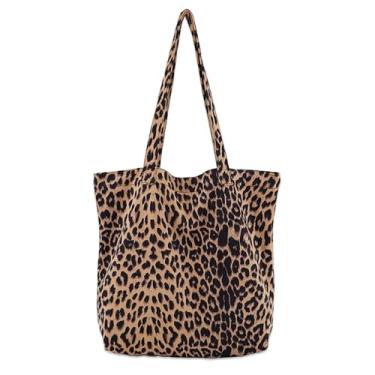 Imagem de Bolsa de ombro feminina de lona com estampa de leopardo, leve para escola, trabalho, todos os dias, Caqui, 17.3" x 14.9" x 3.9"