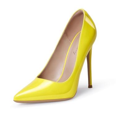 Imagem de Scarpin feminino GENSHUO 12 cm com Bico Fino Fechado, Salto Alto Agulha, Fácil de Calçar, Amarelo fluorescente, 35
