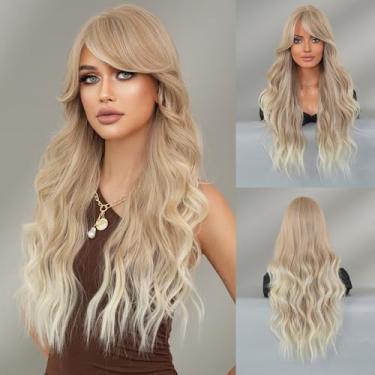 Imagem de Nuxovin Perucas Longas, Onduladas E Cacheadas, Cabelo Humano Com Franja, Resistente Ao Calor, Morena Natural, Para Mulheres, Uso Diário Em Festas, Leve Sem Emaranhados (Loiro Ombré, 28")