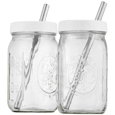 Imagem de Copos reutilizáveis de boca larga para Smoothie Cups Boba Tea Cups Bubble Tea Cups com tampas e canudos prateados, copos de vidro (pacote com 2, frascos de conserva de 946 ml) Brand Capsule Classic
