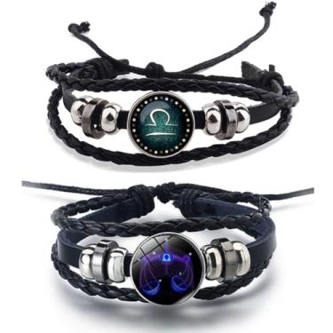 Imagem de 2 pulseiras do zodíaco, pulseira de constelação de couro em camadas, vintage, signos do zodíaco, para mulheres e homens, 12 presentes de constelação, Zinco, Sem Pedra Preciosa