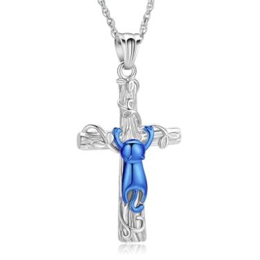 Imagem de QGJNSGC Colar de urna com cruz para cinzas, colar de cruz, pingente de gato, joia de cremação, aço inoxidável, lembrança de cristãos, urna de animal de estimação, pingente de cinzas, colar masculino