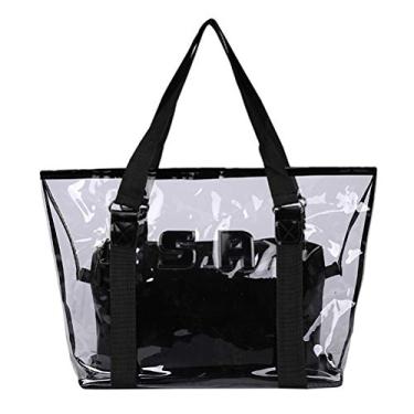 Imagem de ZJchao Meninas Meninas Carta Transparente PVC Bolsas de Ombro de PVC Bolsas de Luxo para Viagens de Praia de Compras (Preto)