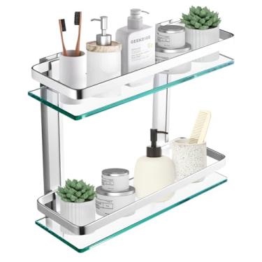 Imagem de Comfecto 2 prateleiras de vidro para banheiro, suporte de armazenamento de prateleira de vidro temperado montado na parede com vidro retangular de 35,56 cm de espessura e trilho de alumínio para chuveiro de lavatório, ferragens incluídas