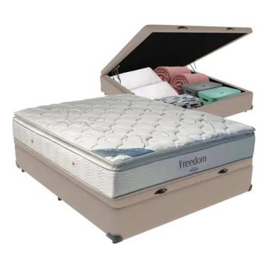 Imagem de Cama Box Báu Casal Linhão Bege + Colchão de Molas Ensacadas Freedom - Estrutura Reforçada - Imperium do Sono