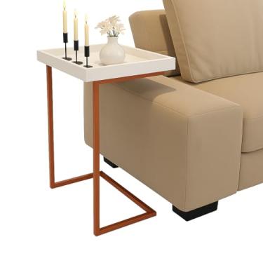 Imagem de Mesa De Canto Para Sofá Com Espelho - Apoio Lateral Branco De Luxo, Prateleira Decorativa Para Sala De Estar Ou Quarto, Design Moderno E Resistente (Pé Bronze)