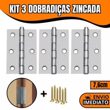 Imagem de Kit 3 Dobradiças Zincada Para Porta De Madeira 7,6cm - Orion